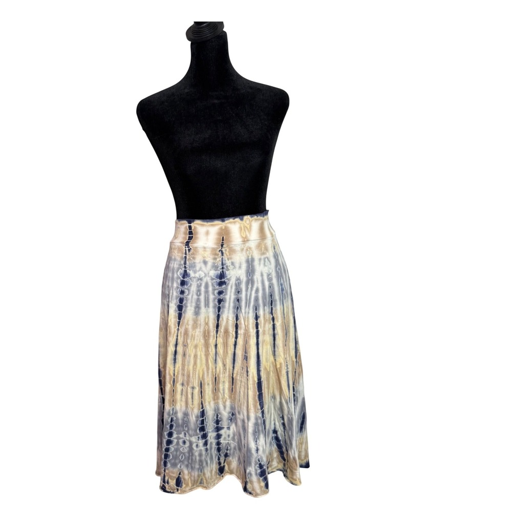 Tryst Tie Dye Midi Skirt Navy Khaki Blue Beige Cotton Size M BOHO Hippie Flowy